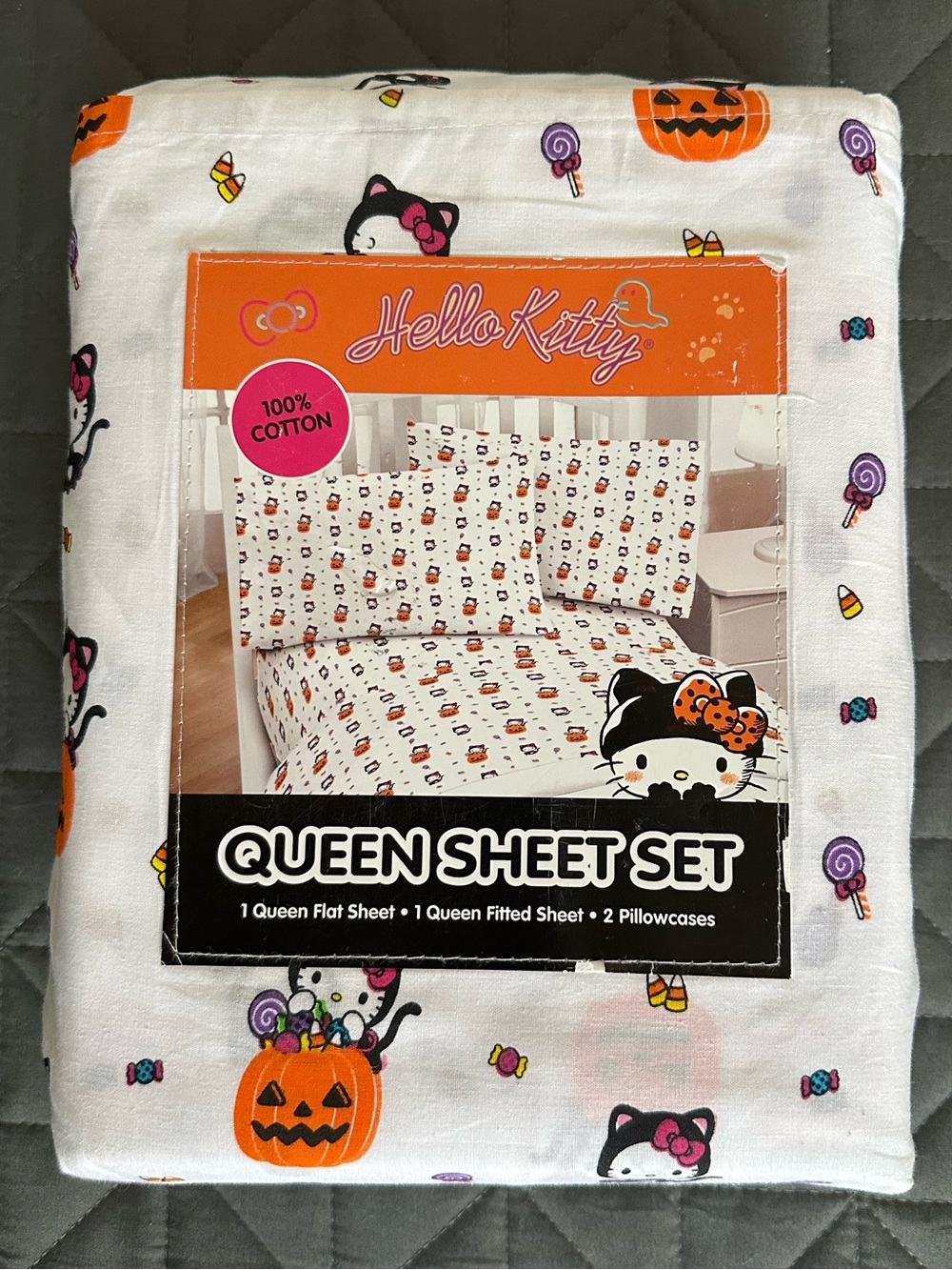 Hello Kitty Halloween Queen Sheet Set Black Orange Ghost Pumpkin NWT